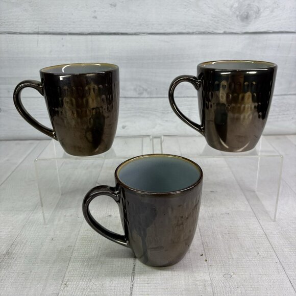 Food Network ANGELICA Light Blue Bronze Metallic 16oz Stoneware Cups Mugs Set 3 - Picture 2 of 16